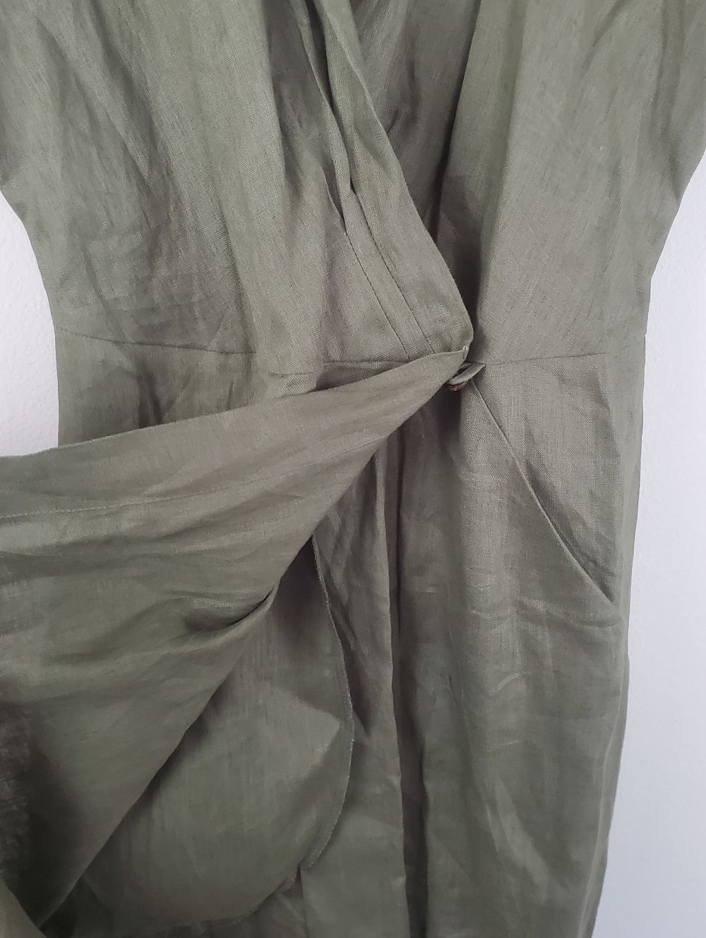 Linen Fairy Tales Linen Olive Green Wrap Linen Dress Womens Size Medium - Picture 6 of 9